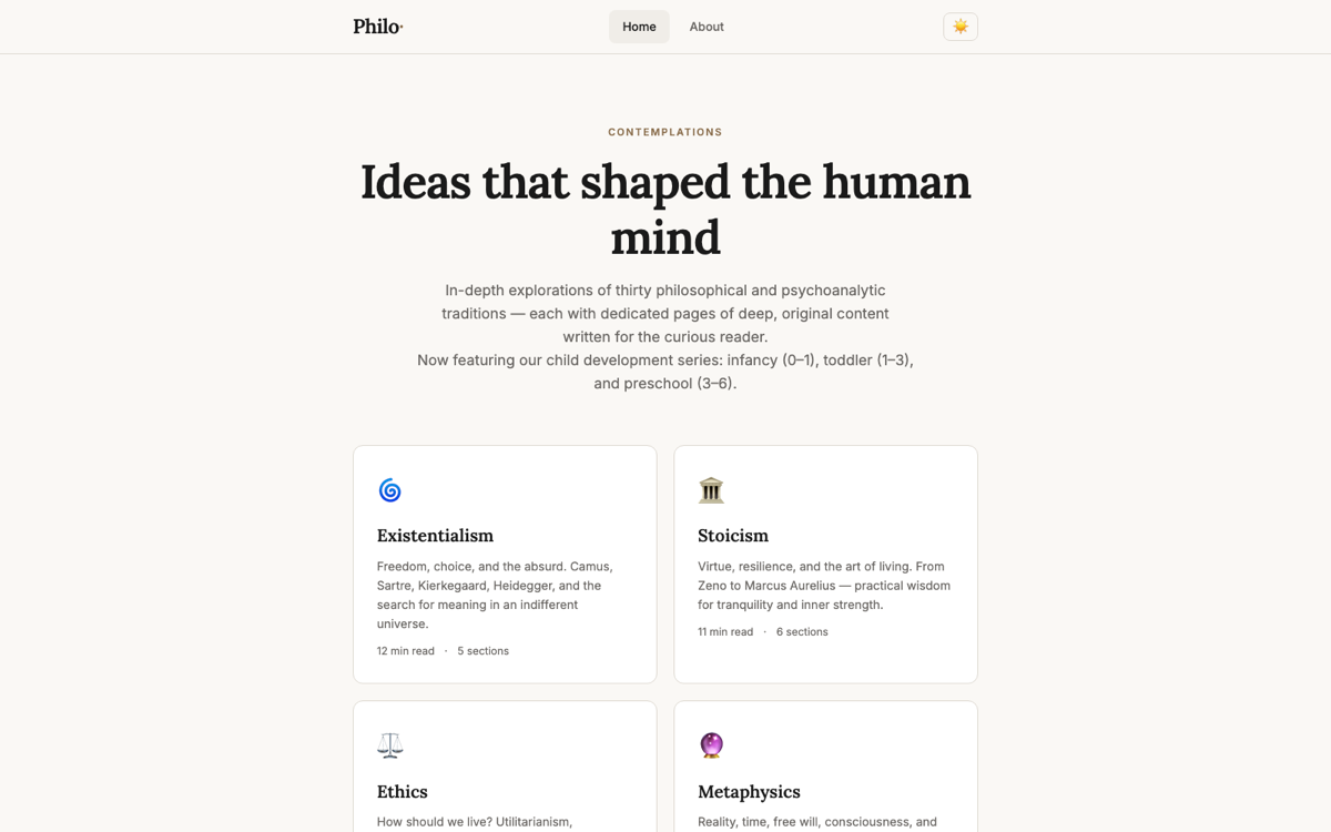 Philo — Contemplations landing page showing philosophical traditions like Existentialism and Stoicism